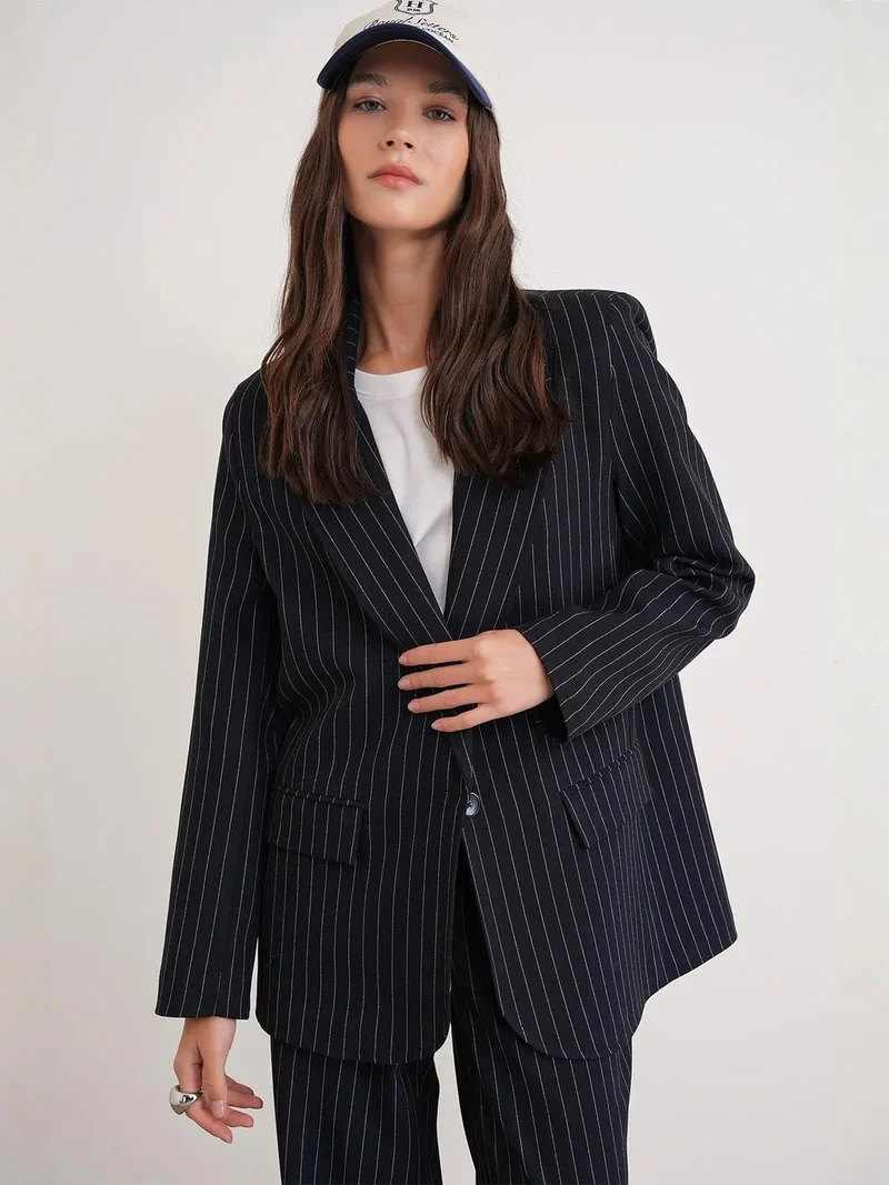 MixRay Navy Blue MIXRAY Striped Oversize Blazer for Women | Best Price UAE